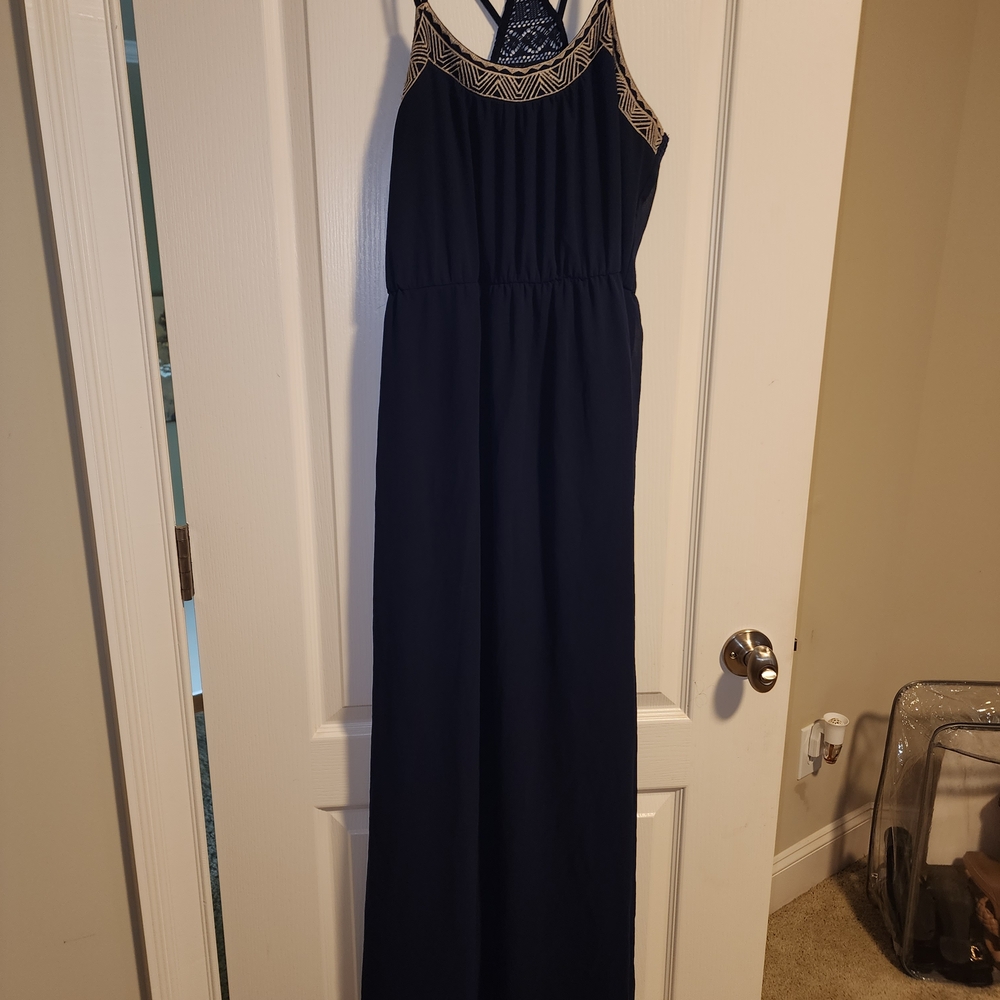 Papaya Navy Blue Maxi Dress with Gold Accents